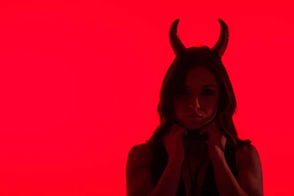 Silhouette Seductive Woman Devil Costume Isolated Red — Stock Photo, Image