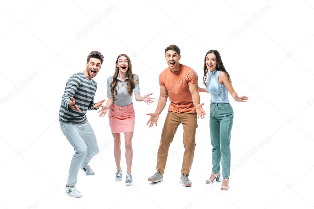 excited friends shouting  and celebrating triumph, isolated on white