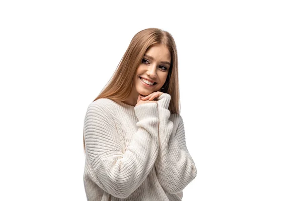 Atraente Sorrindo Jovem Mulher Suéter Branco Isolado Branco — Fotografia de Stock