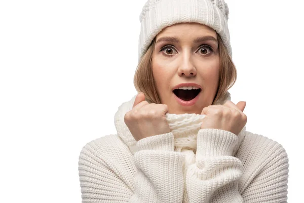 Beautiful Surprised Woman Warming White Knitted Clothes Isolated White — Stock Photo, Image