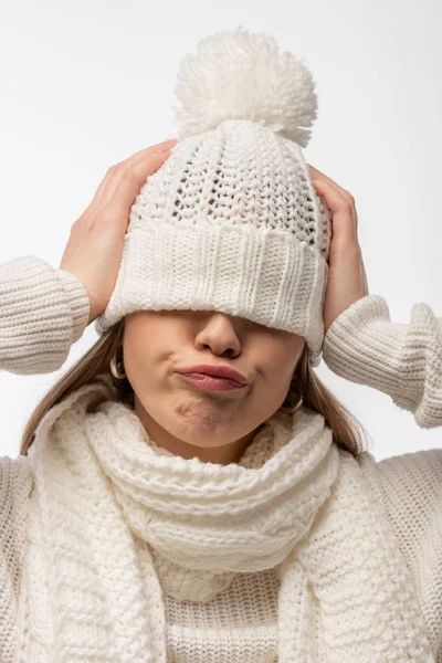Confused Woman Warming White Knitted Hat Isolated White — Stock Photo, Image