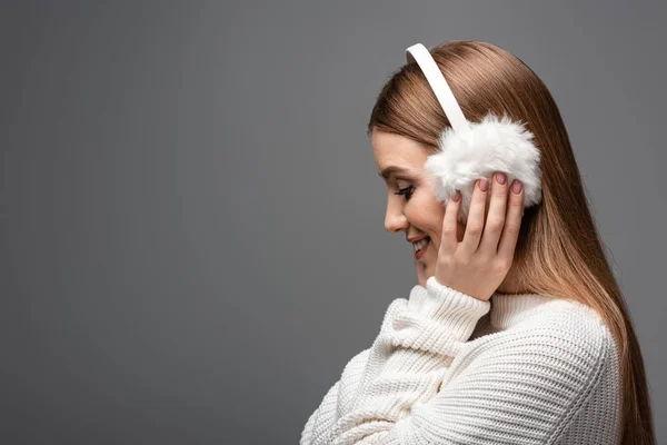 Profile Portrait Smiling Girl Posing White Sweater Earmuffs Isolated Grey — Stock Photo, Image