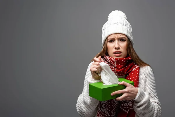 Upset Sick Girl Knitted Hat Holding Paper Napkins Isolated Grey — Stock Photo, Image