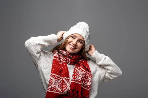 Attractive Cheerful Woman Knitted Hat Scarf Isolated Grey — Stock Photo, Image