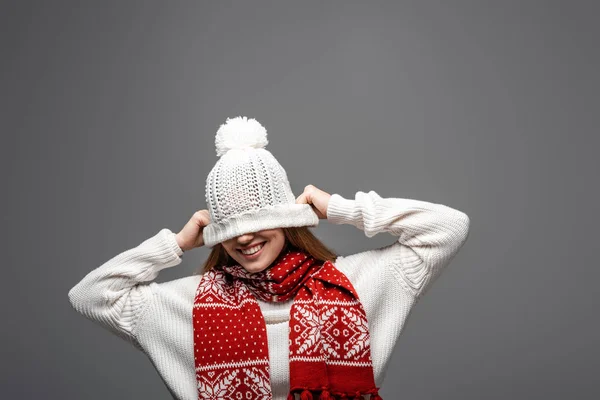 Beautiful Smiling Girl Knitted Scarf Hat Eyes Isolated Grey — Stock Photo, Image