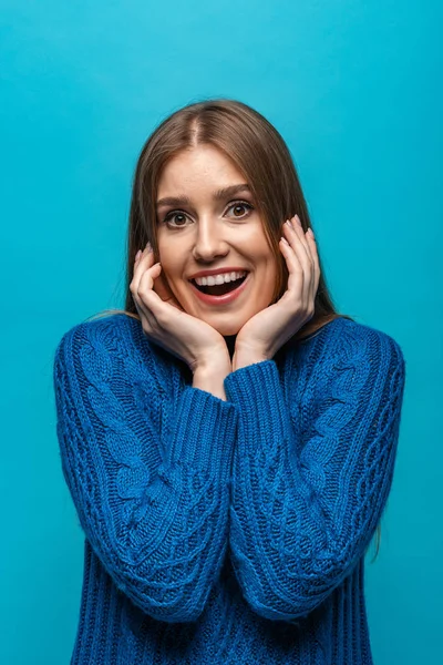 Attractive Excited Woman Blue Knitted Sweater Isolated Blue — Stock Photo, Image