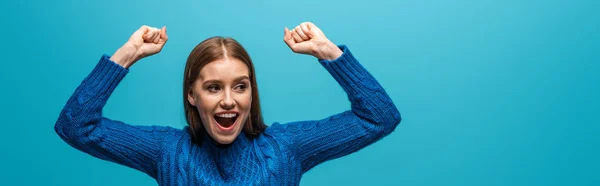 Panoramic Shot Attractive Cheerful Woman Blue Knitted Sweater Celebrating Triumph — Stock Photo, Image