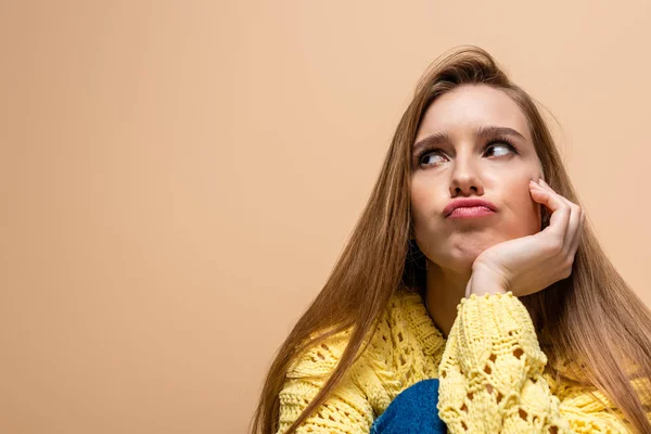 Beautiful Offended Woman Yellow Sweater Isolated Beige — Stock Photo, Image