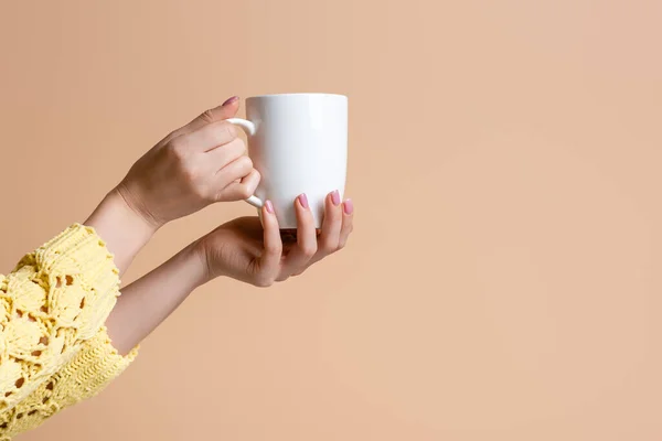 Partial View Woman Yellow Sweater Holding Cup Coffee Isolated Beige — Stock Photo, Image