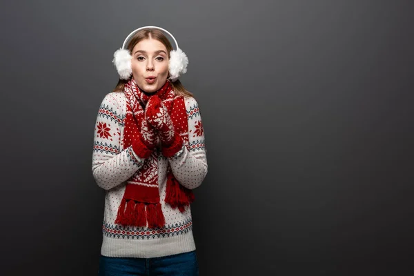 Surprised Woman Christmas Sweater Scarf Mittens Earmuffs Isolated Grey — Stock Photo, Image