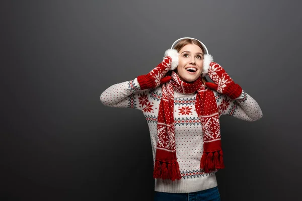 Beautiful Excited Woman Christmas Sweater Scarf Mittens Earmuffs Isolated Grey — Stock Photo, Image