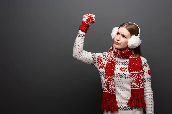 Skeptical Woman Gesturing Christmas Sweater Scarf Mittens Earmuffs Isolated Grey — Stock Photo, Image