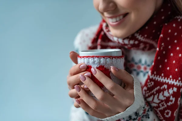 Cropped View Smiling Girl Drinking Coffee Isolated Grey — Stock Photo, Image