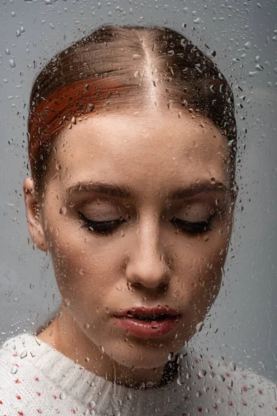 Sad Lonely Woman Grey Wet Glass Drops — Stock Photo, Image