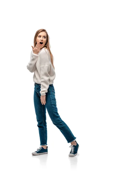 Beautiful Shocked Woman Jeans White Sweater Isolated White — Stock Photo, Image