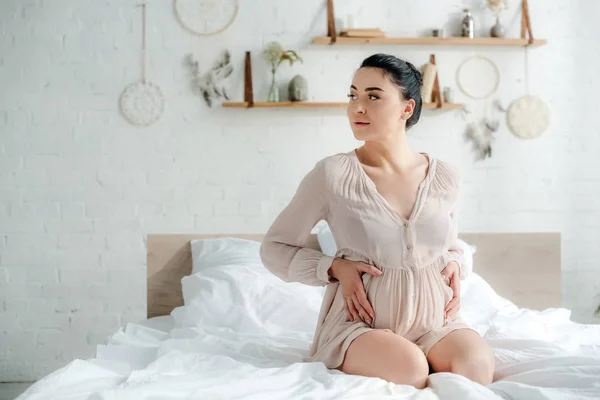 Happy Pregnant Girl Nightie Touching Belly While Sitting Bed — Stock Photo, Image