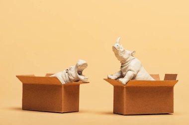 Beyaz oyuncak hipopotam ve gergedan sarı arka plandaki karton kutularda, hayvan refahı konsepti
