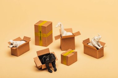 Sarı arka plandaki karton kutulardaki hayvan oyuncaklarının seçici odak noktası, hayvan refahı kavramı