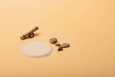 Sarı zemin üzerinde taşlar ve tahta çubuklar olan kum, hayvan yaşam alanı kavramı