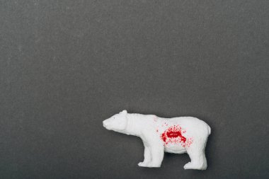 Top view of white toy bear with blood on grey background, killing animals concept clipart