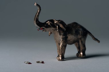 Gri arka planda dişleri olan altın oyuncak fil, fildişi konseptini avlıyor.