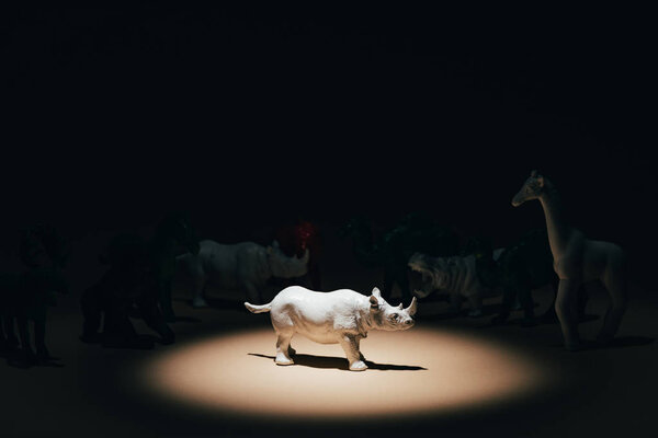 White toy rhinoceros under spotlight with animals at background, voting concept