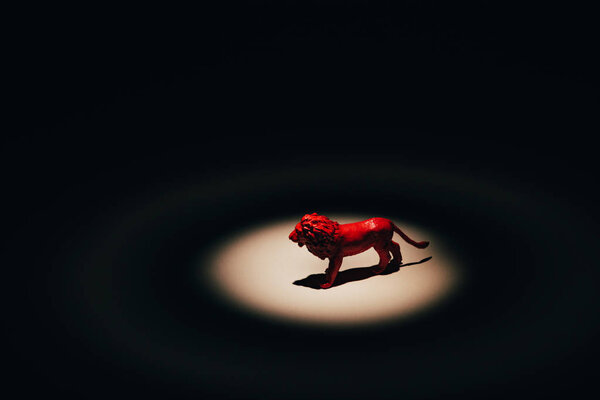 Red toy lion under spotlight on black background 