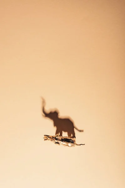 黄色の背景に影を持つ金色のおもちゃの象のトップビュー 動物の概念の絶滅 — ストック写真