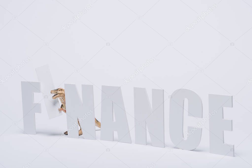 Toy dinosaur with finance word on grey background