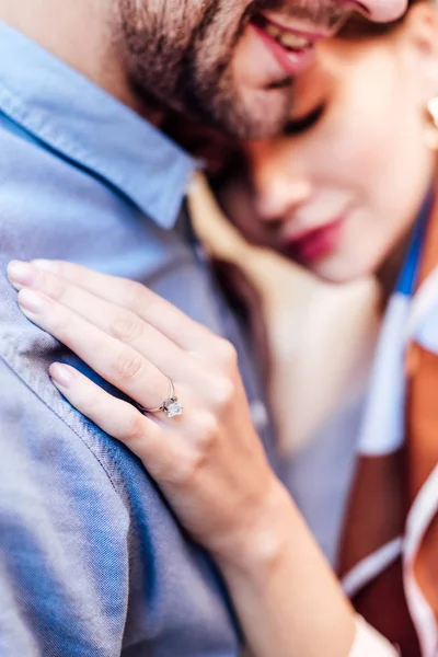 Selective Focus Young Woman Wedding Ring Embracing Boyfriend — Stock Photo, Image