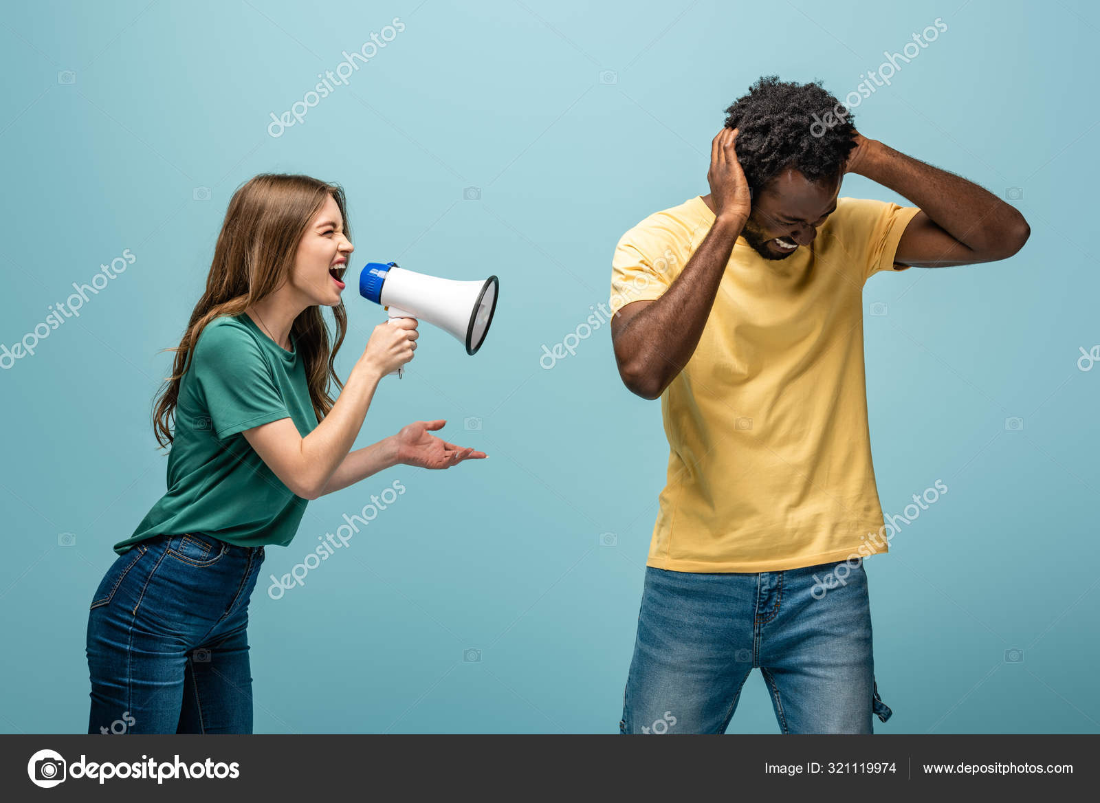 Angry Girl Screaming Megaphone African American Boyfriend Covering Ears