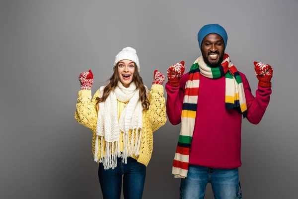 Happy Interracial Couple Winter Outfit Showing Yes Gesture Grey Background — Stock Photo, Image
