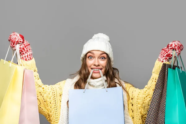 Happy Woman Winter Outfit Shopping Bags Isolated Grey — Stock Photo, Image