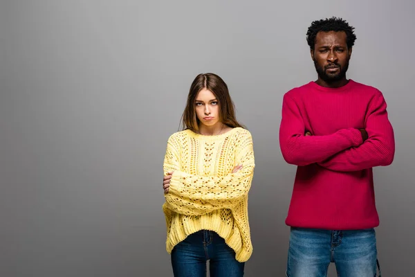 Offended Interracial Couple Knitted Sweaters Grey Background — Stock Photo, Image