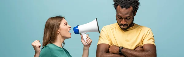 Angry Girl Screaming Megaphone African American Boyfriend Crossed Arms Blue — Stock Photo, Image