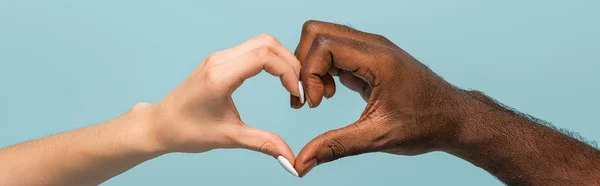 Cropped View Interracial Couple Showing Heart Gesture Isolated Blue Panoramic — Stock Photo, Image