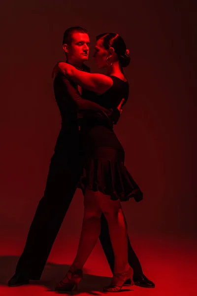 elegant couple of dancers performing tango on dark background with red illumination