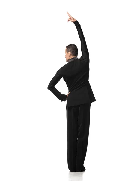 Back View Dancer Elegant Black Suit Performing Tango White Background — Stock Photo, Image