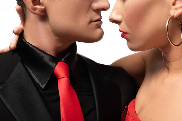 Vista Recortada Dançarinos Sensuais Realizando Tango Face Face Isolados Branco — Fotografia de Stock