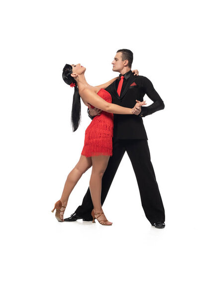 sensual, stylish dancers performing tango on white background