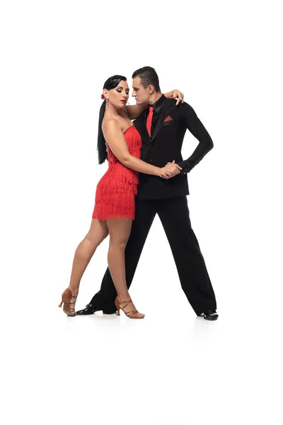 Bailarines Expresivos Elegantes Que Realizan Tango Sobre Fondo Blanco —  Fotos de Stock