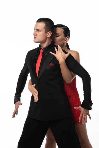 Attractive Dancer Hugging Partner Back While Performing Tango Isolated White — Stock Photo, Image