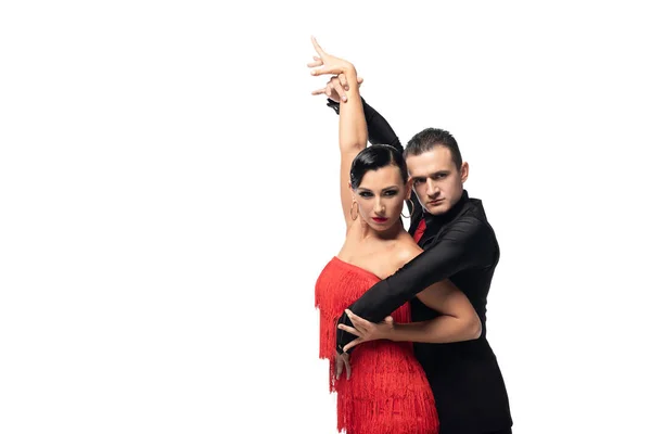 Passionate Couple Dancers Looking Camera While Performing Tango Isolated White — Stock Photo, Image