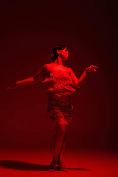 Beautiful Dancer Dress Fringe Performing Tango Dark Background Red Illumination — Stock Photo, Image