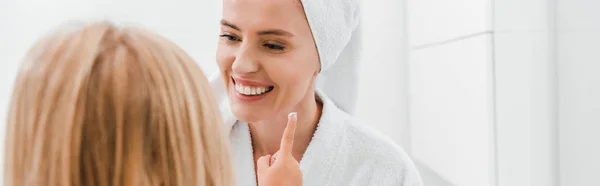 Panoramic Shot Kid Applying Cosmetic Cream Face Happy Mother — Stock Photo, Image