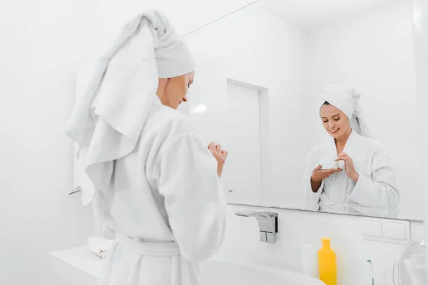 Selective Focus Happy Woman Holding Container Cosmetic Cream Bathroom — Stock Photo, Image