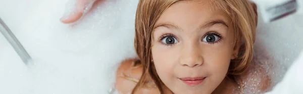 Panoramic Shot Cute Kid Taking Bath Looking Camera Home — Stock Photo, Image