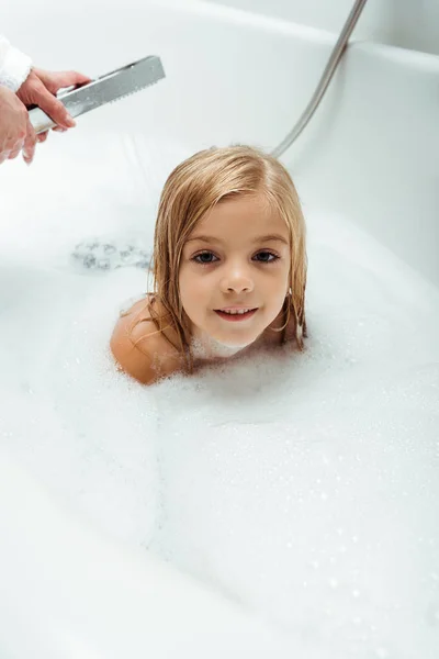 Adorable Naked Child Taking Bath Mother Bathroom — Stock Photo, Image