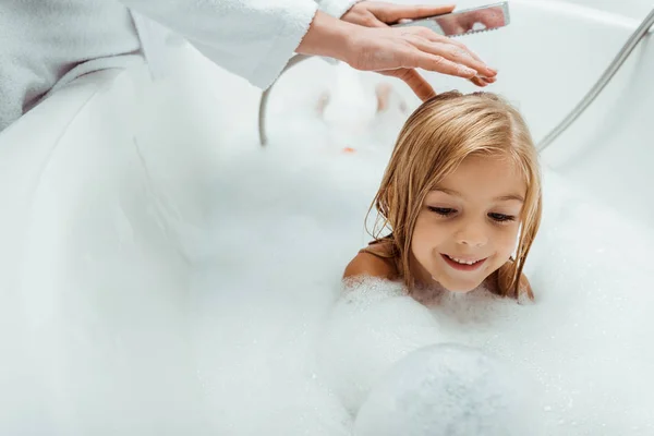 Adorable Nude Child Taking Bath Mother Bathroom — Stock Photo, Image
