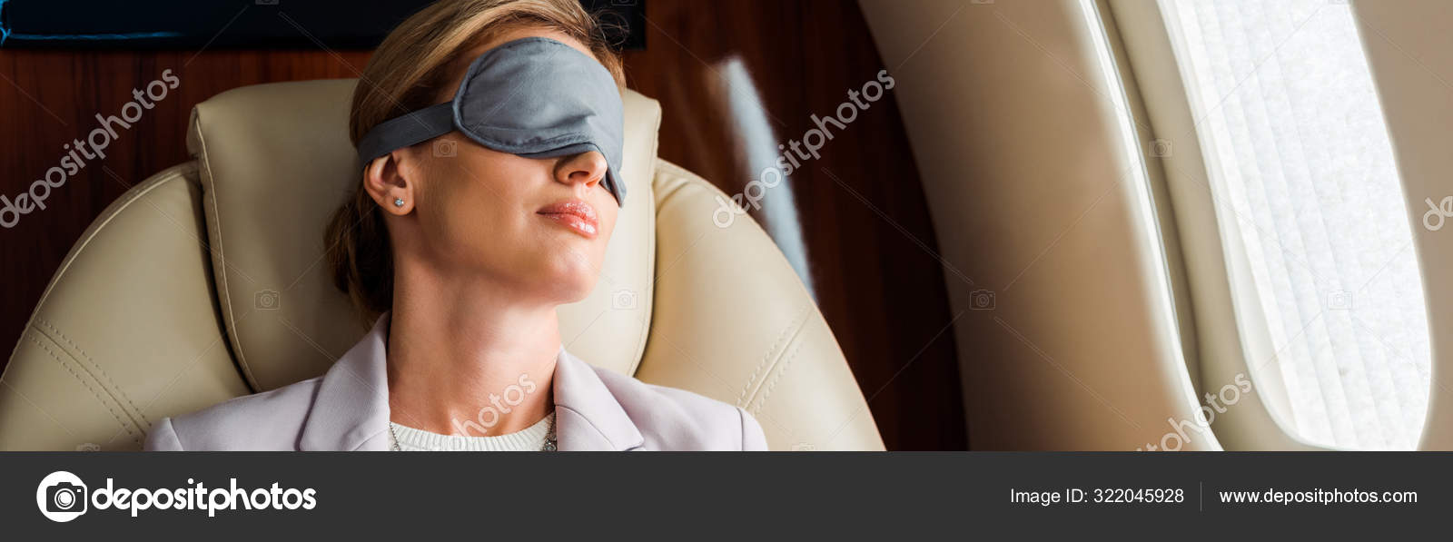 Panoramic Shot Businesswoman Sleeping Mask Sitting Private Plane Stock